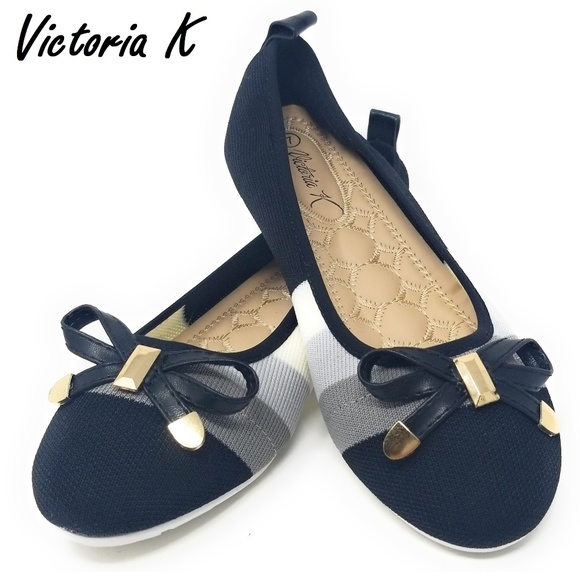 Victoria K Shoes - Women's Knit Ballet Flats w. Bow, KT-1802, Black